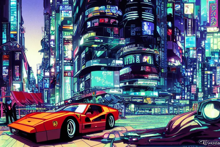 Prompt: 1985, single Ferrari GTO, city in anime cyberpunk style by Hayao Miyazaki