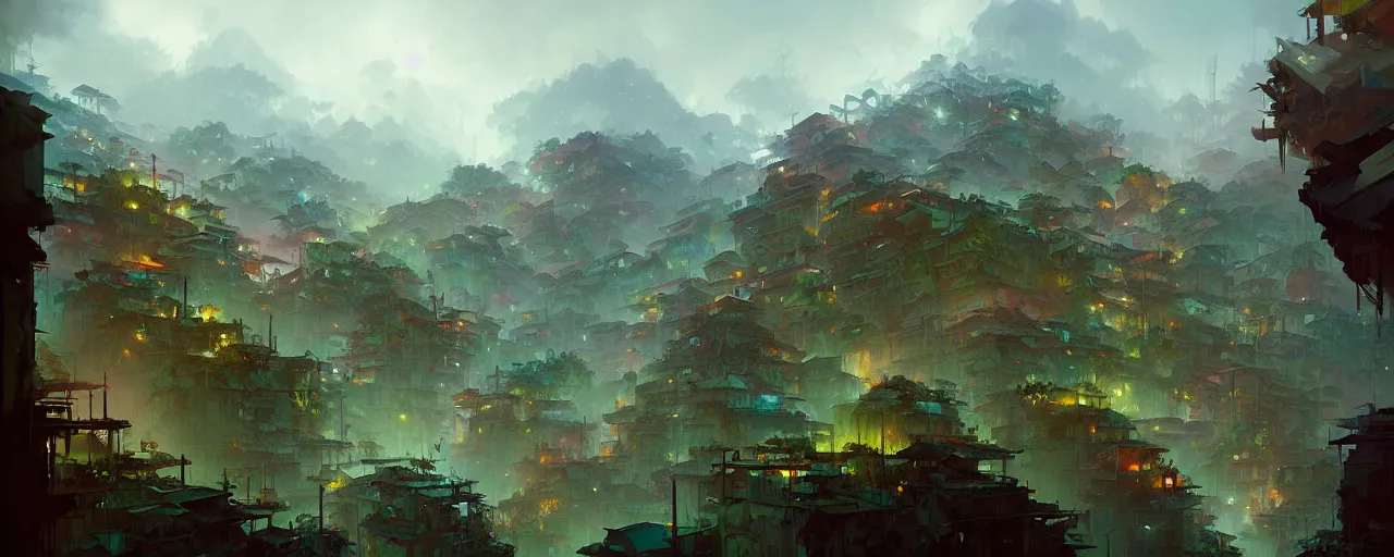 Prompt: cloud forest favelas by peter mohrbacher and craig mullins and james jean and marc simonetti