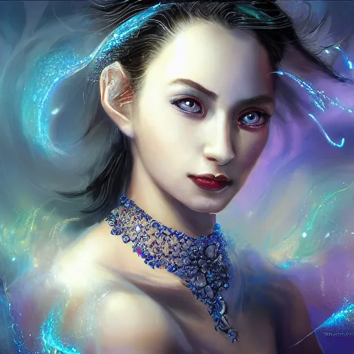 Image similar to masterpiece portrait of an aesthetic beautiful mage woman, ice spell, 3 0 years old woman, soft thin face, light eyes, black dynamic hair, wearing silver diadem with blue gems inlays, silver necklace, digital painting by wlop, atmospheric effects, chaotic blue sparks dynamics background, intricate, artstation, fantasy