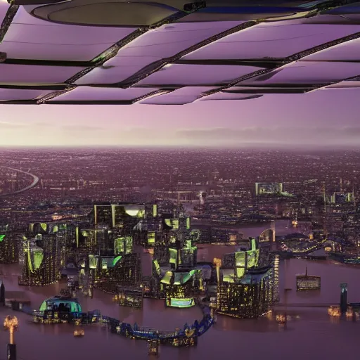 Image similar to A futuristic sky garden floating over polluted London in the year 2500, photorealistic, highly detailed, 4k, 8k
