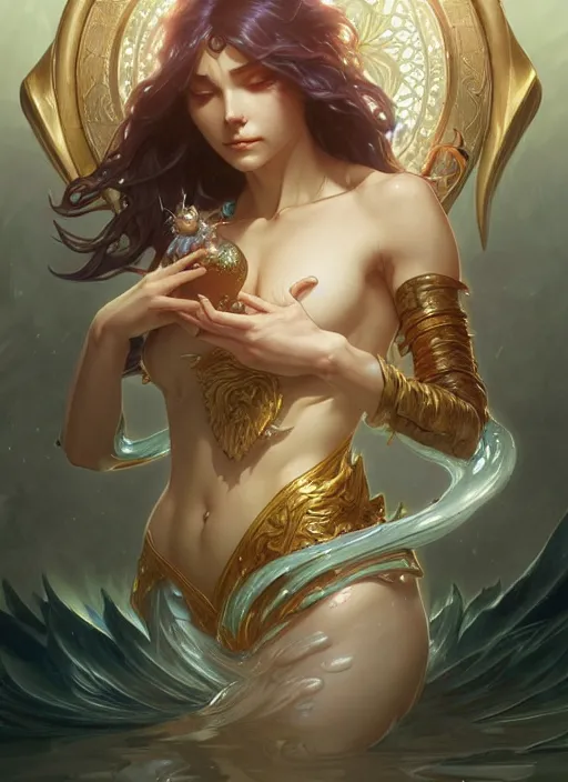 Image similar to summoner with a cute water elemental, fantasy, intricate, elegant, highly detailed, digital painting, artstation, concept art, wallpaper, smooth, sharp focus, illustration, art by artgerm and greg rutkowski and alphonse mucha