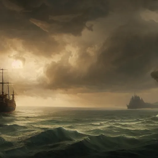 Prompt: an ship docking into an stormy island, Matte painting , detailed painting, made by Greg Rutkowski, 4k resolution, atmospheric, breathtaking