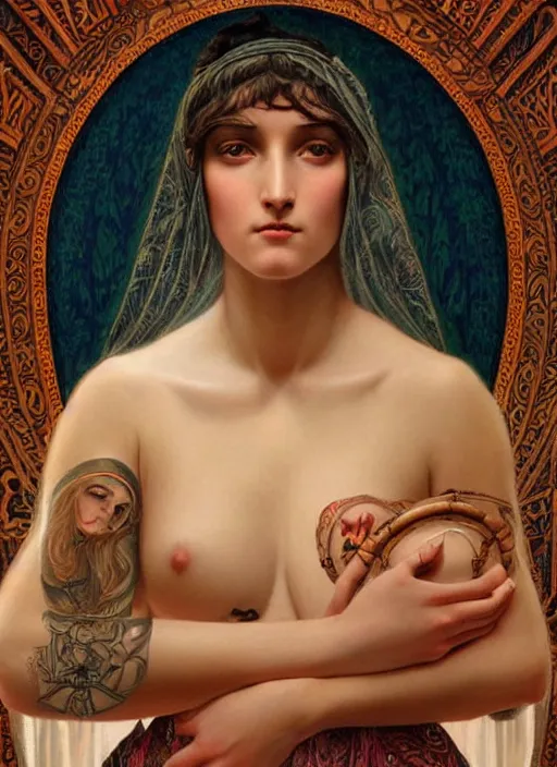 Prompt: beautiful enlightened cult magic psychic woman with tattoos, oil painting, robe, symmetrical face, greek dark ritual myth, by John William Godward and Anna Dittman, masterpiece