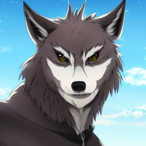 Prompt: key anime visual portrait of an anthropomorphic male wolf furry fursona, handsome eyes, official anime concept anime art