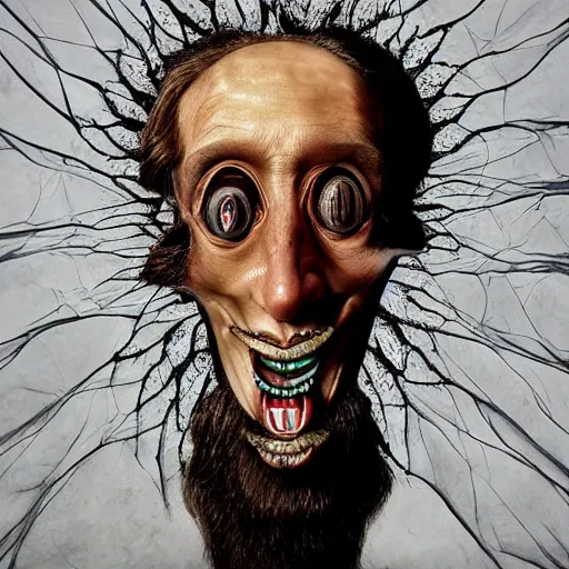 Prompt: the blasphemous caricature of the human face, hyperealistic detailed photography, divinity, awful, religious art