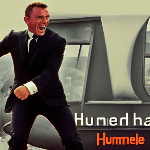 Prompt: James Bond laugh hard because the humberger to large