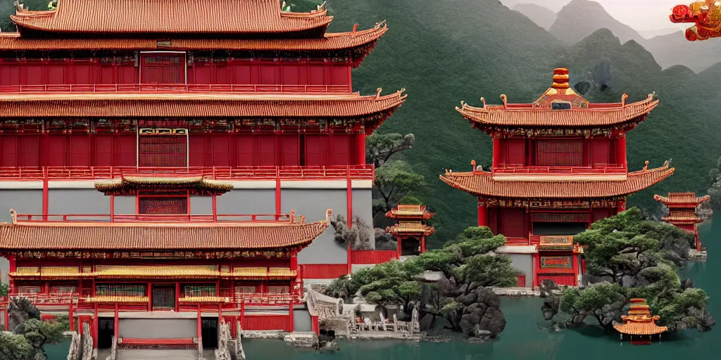 Prompt: a very high resolution image from a new movie, upside - down chinese temple, beautiful scenery, photorealistic, photography, directed by wes anderson