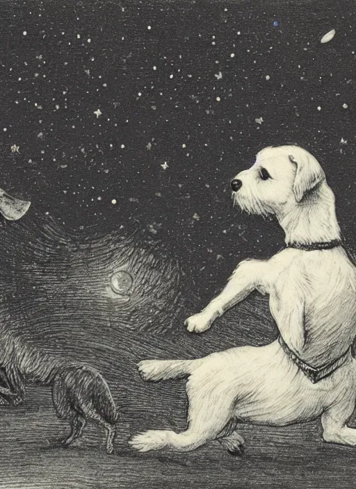 Image similar to candid portrait of jack russel dog looking up, from behind, night sky, highly detailed, side view, illustrated by peggy fortnum and beatrix potter and sir john tenniel