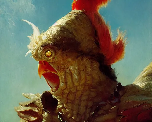 Image similar to closeup portrait of an asian scary man dressed as a chicken, highly detailed painting by gaston bussiere, craig mullins, j. c. leyendecker 8 k