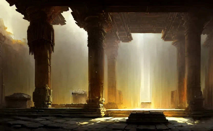 Image similar to The interior of an mytical and ancient temple in ruins, intricate, elegant, volumetric lighting, digital painting, highly detailed, artstation, sharp focus, illustration, concept art, ruan jia, steve mccurry