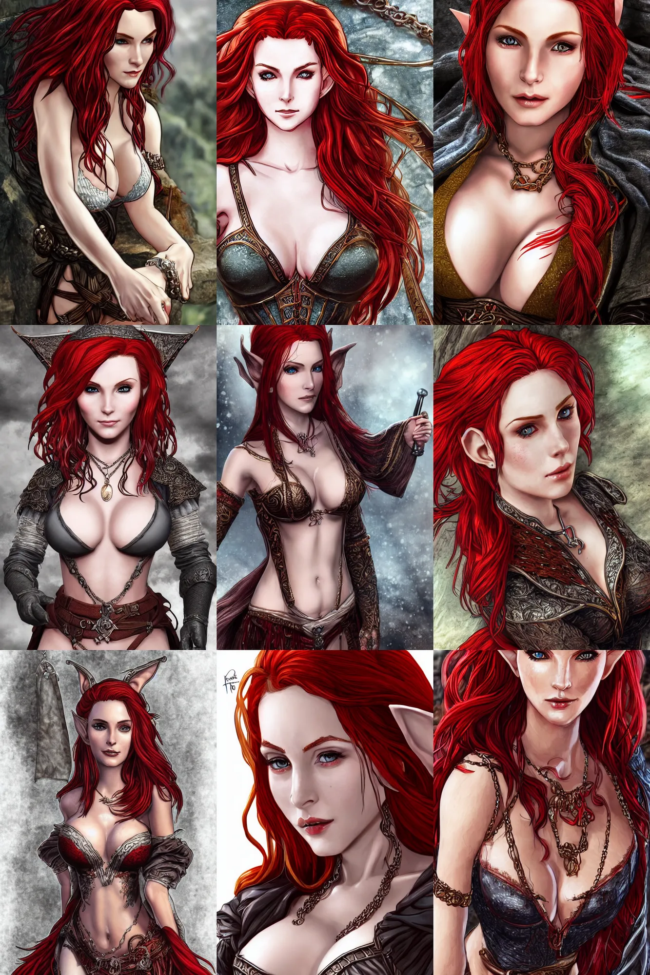 Prompt: alluring highly detailed close-up portrait of beautiful elf (Triss from Witcher 3) with porcelain skin flowing red hair wearing chesty chainmail bikini and a long black cloak, very detailed, realistic, manga, pen and ink
