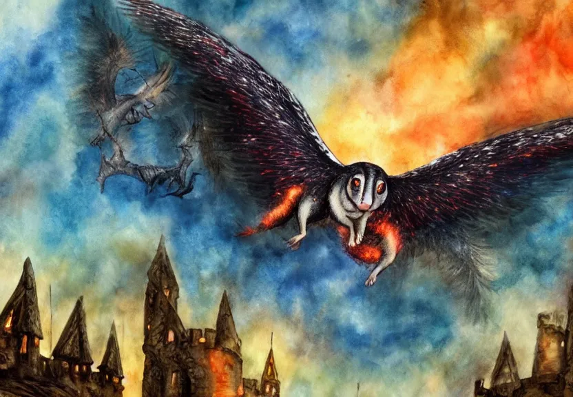 Image similar to legendary fire winged possum flying over a medieval forest castle at night under the dark starred sky, dark fantasy, watercolor, dreaming illusion, highly detailed, 4k, trending on Artstation