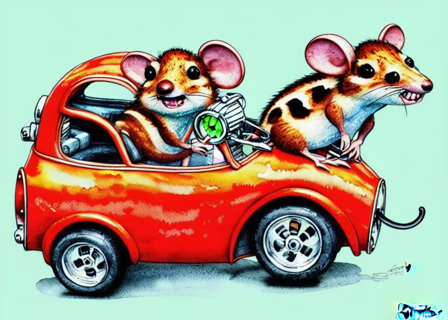 Image similar to cute and funny, quoll riding in a tiny hot rod with oversized engine, ratfink style by ed roth, centered award winning watercolor pen illustration, isometric illustration by chihiro iwasaki, edited by range murata, tiny details by artgerm and watercolor girl, symmetrically isometrically centered