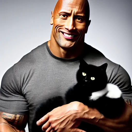 Image similar to dwayne johnson holding a black cat, studio lighting, promotional photograph