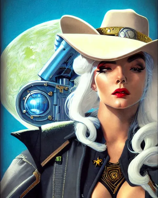 Prompt: ashe from overwatch, white hair, black cowboy hat, space cowgirl, character portrait, portrait, close up, concept art, intricate details, highly detailed, vintage sci - fi poster, retro future, in the style of chris foss, rodger dean, moebius, michael whelan, and gustave dore