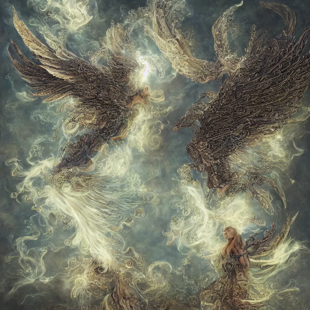 Prompt: a beautiful magestic pegasus made of magical elven intricate biomechanical terndrils and leaves and feathers and gemstones flying through a mystical sky of incence smoke and glowing embers and clouds, by George Stubbs, by donato giancola, by amanda sage, by beeple, particle effects, intricate detail, trending on cgsociety, trending on artstation, 8k 3d, high definition