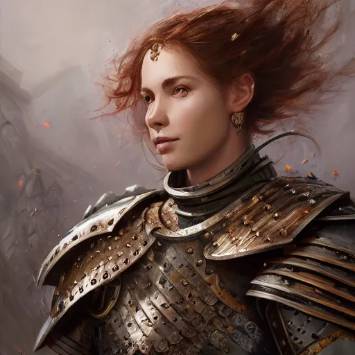 Prompt: highly detailed full body portrait painting of a proud young female knight wearing heavy armour in the style of Warhammer Fantasy by Craig Mullins and Lorenzo Nuti, medium hair, green eyes, earrings, low perspective, highly detailed, trending on artstation, cgsociety , 4k, 8k, HDR, octane render, unreal engine