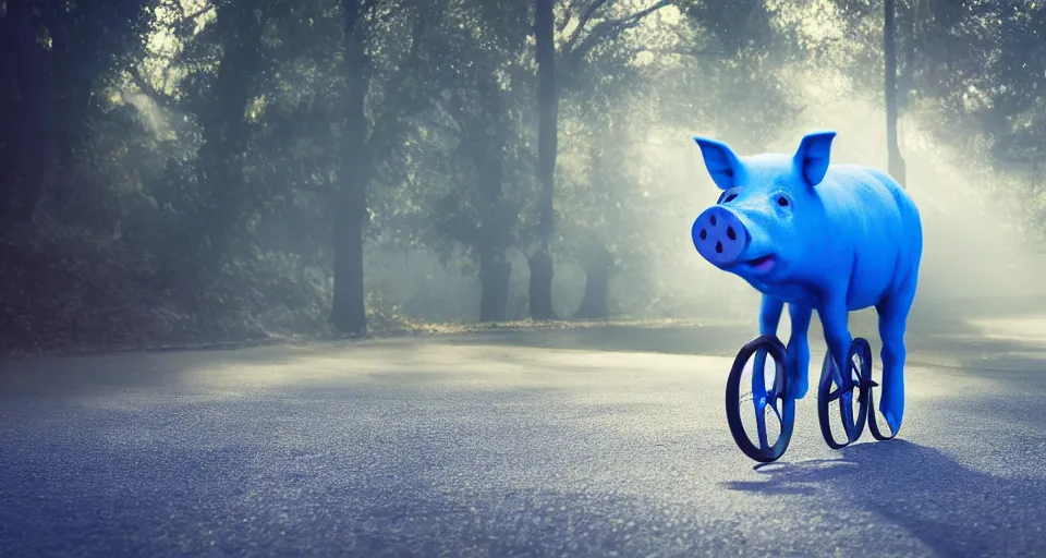 Image similar to a blue pig riding a bicycle, atmospheric lighting, 4 k, realistic