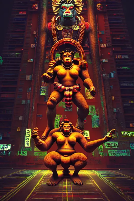 Image similar to high quality 3 d render post - rococo cyberpunk hanuman! head building, neon madhubani, highly detailed, in sci - fi mumbai, cinematic smooth unreal engine, lee madgwick & liam wong, dramatic light, low angle, uhd 8 k, sharp focus