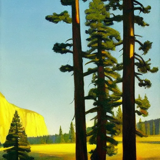 Image similar to a beautiful painting of a sequioia tree in the middle of yosemite valley in the style of edward hopper