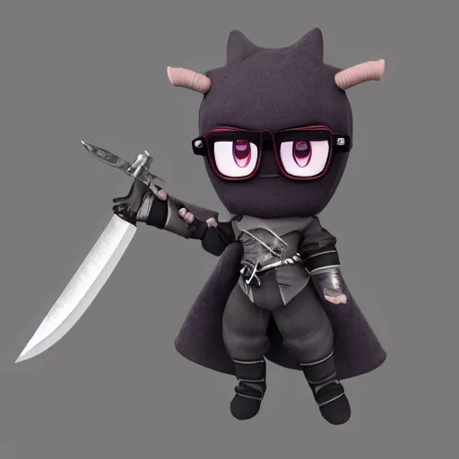 Prompt: cute fumo plush of a knife - wielding assassin, shadow armor, glasses, monster girl, vray