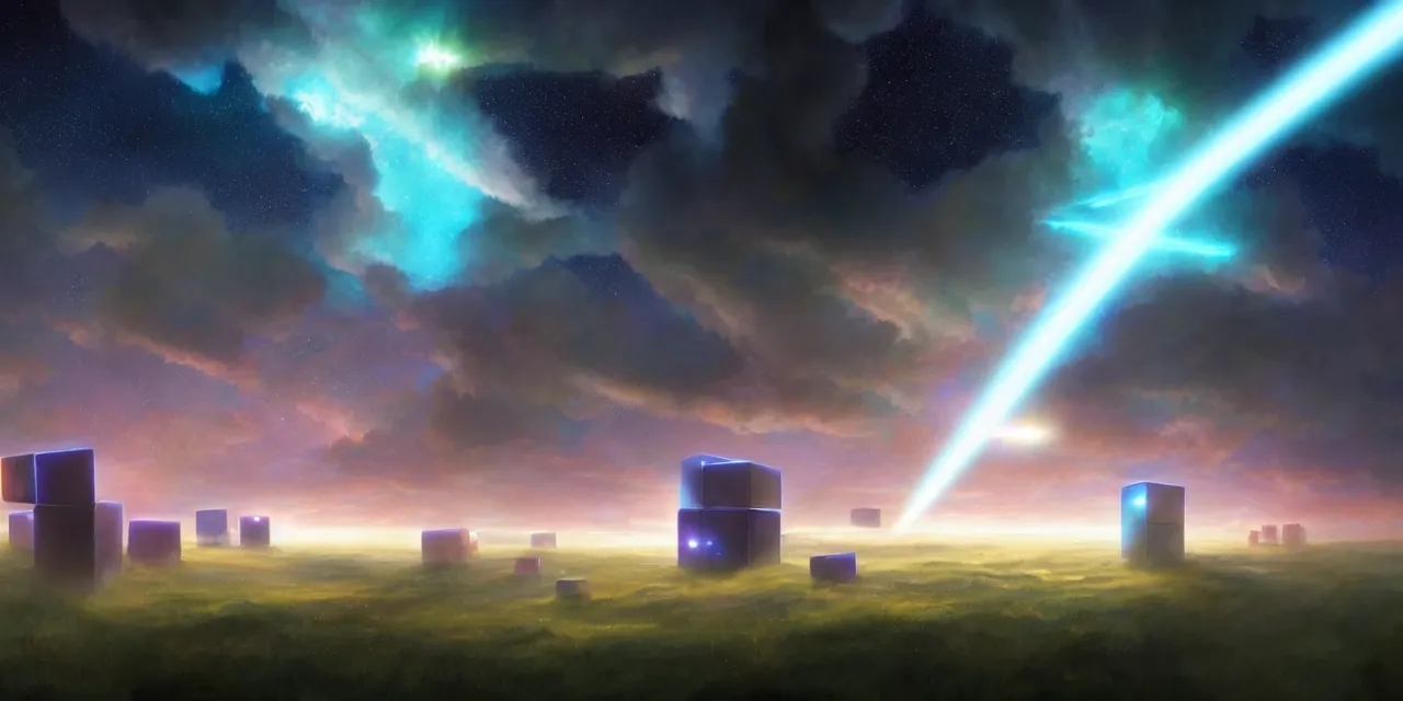 Image similar to a fleet of giant glowing futuristic cubes tied to each other with light beams in the sky, a fantasy magical landscape seen in the distance, atmospheric lighting, intricate, volumetric lighting, beautiful, sharp focus, ultra detailed, in the art style of marc simonetti, bowater charlie and brom gerald, astrophotography