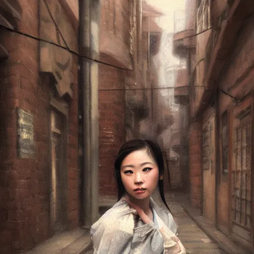 Image similar to a perfect, realistic professional oil painting in Italian renaissance style, of a Japanese schoolgirl posing in a dystopian alleyway, close-up, by a professional American senior artist on ArtStation, a high-quality hollywood-style concept