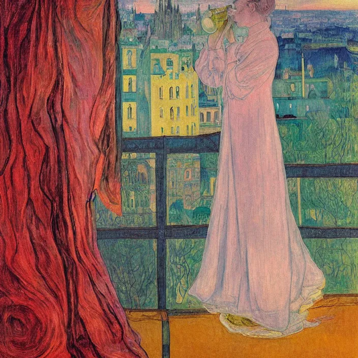 Prompt: close portrait of woman in transparent vaporous night gown washing her feet with cat and aloe vera, with city with gothic cathedral seen from a window frame with curtains. sun setting through the clouds, vivid iridescent psychedelic colors. agnes pelton, egon schiele, munch, henri de toulouse - lautrec, utamaro, monet