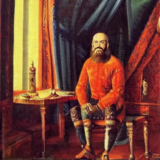 Image similar to Ivan the Terrible in his palace in Moscow drink vodka and think about future, oil painting style,