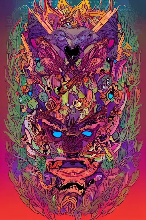 Image similar to animal mask totem roots tribal feather gemstone plant wood rock shaman vodoo video game vector illustration vivid multicolor borderlands comics by josan gonzales and dan mumford radiating a glowing aura