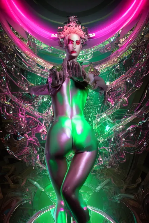 Image similar to full-body rococo and cyberpunk style crystal quartz sculpture of a young handsome seductive Puerto Rican android gogo reaching for the sky, glowing pink laser eyes, crown of white gears and diamonds, swirling green-colored silk fabric. futuristic elements. full-length view. intricate artwork by caravaggio. Trending on artstation, octane render, cinematic lighting from the right, hyper realism, octane render, 8k, depth of field, 3D