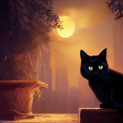 Image similar to magic black cat, golden hour, fantasy, sharp focus, digital art, hyper realistic, 4 k, unreal engine, highly detailed, hd, dramatic lighting by brom, trending on artstation