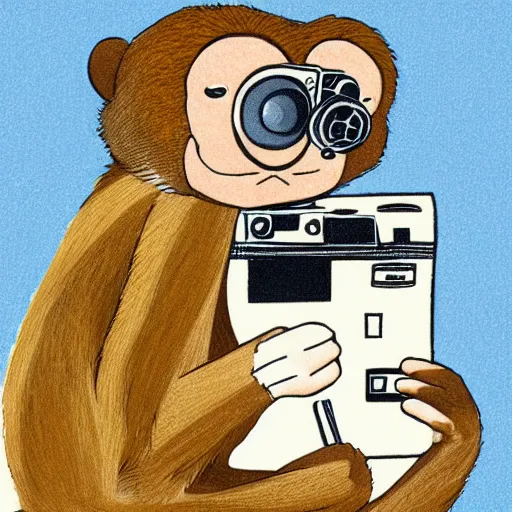 Image similar to Portrait of a monkey holding a camera, in style of dalle 2