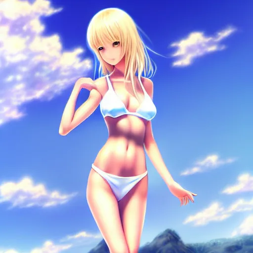 Image similar to tiny father a tall daughter picture : a very beautiful young blond anime girl, sky blue eyes, bikini, white miniskirt, highly detailed, cinematic wallpaper by stanley artgerm lau
