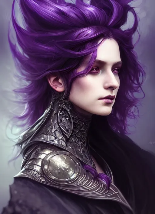 Image similar to side portrait dark witch, adventurer outfit large cloak, fantasy forest landscape, dragon scales, fantasy magic, undercut hairstyle, short purple black fade hair, dark light night, intricate, elegant, sharp focus, illustration, highly detailed, digital painting, concept art, matte, art by WLOP and Artgerm and Greg Rutkowski and Alphonse Mucha, masterpiece