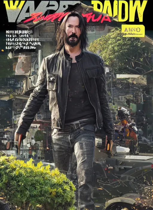 Image similar to wake up samurai we have a community to feed, solarpunk keanu reeves driving a tractor, cyberpunk 2 0 7 7, solarpunk, lots of plants, gardening, permaculture, anarchy, realistic, ultra detailed