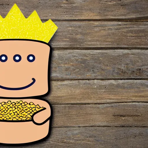 Image similar to cereal box with a wheat mascot wearing a crown