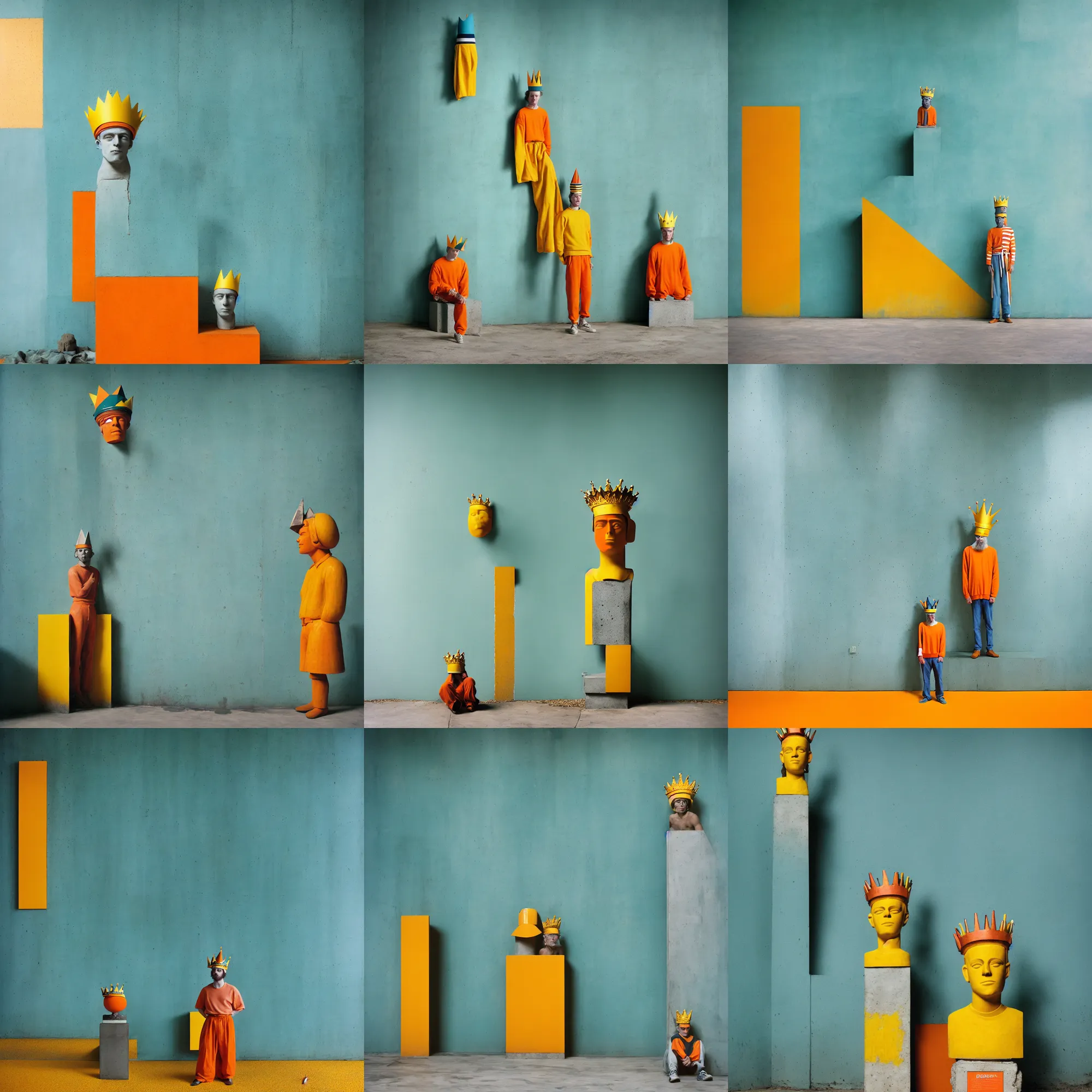 Image similar to kodak portra 4 0 0, 8 k, shot of a highly detailed, britt marling style, colour still - life portrait of a large minimalistic room, rough concrete walls, a single rough carved wooden teal and orange striped coloured statue is standing on a concrete podest with a yellow crown on his head, muted colours