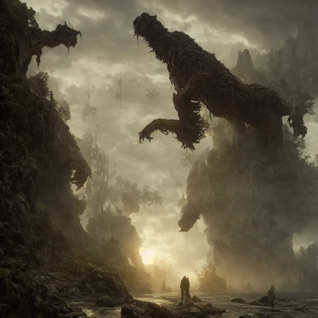 Image similar to enormous creature looming in the distance, seen from far away, volumetric lighting, 8 k octane beautifully detailed render, post - processing, extremely hyper - detailed, intricate, epic composition, cinematic lighting, masterpiece, trending on artstation, masterpiece, stunning art by anders zorn, wonderful masterpiece by greg rutkowski, beautiful cinematic