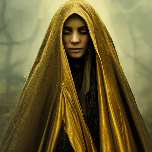 Image similar to a portrait of a young woman wearing a long dark cloak, hood and shadows covering face, holding golden chains, oil painting, matte painting, black background, Volumetric Golden dappled dynamic lighting, Highly Detailed, Cinematic Lighting, Unreal Engine, 8k, HD, by Beksinski