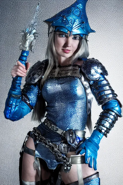 Prompt: a female kobold wearing chain mail armor and holding a glowing blue dagger, cosplay, studio lighting