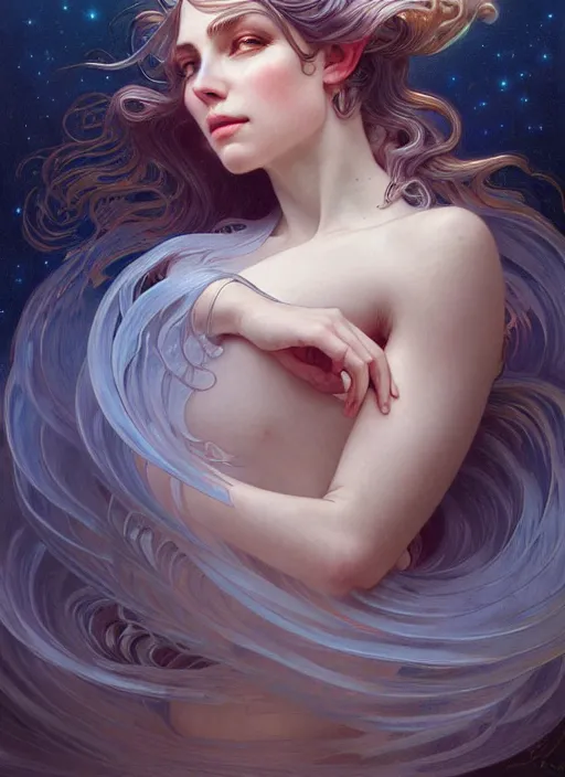 Image similar to a dreamy moody photographic portrait of a anthropomorphic bioluminescent oil wave, fantasy, intricate, elegant, highly detailed, digital painting, artstation, concept art, smooth, sharp focus, illustration, art by artgerm and h r giger and alphonse mucha