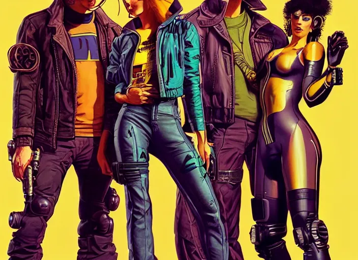 Image similar to cyberpunk heist crew. portrait by stonehouse and mœbius and will eisner and gil elvgren and pixar. character design. realistic proportions. dystopian. cyberpunk 2 0 7 7, apex, blade runner 2 0 4 9 concept art. cel shading. attractive face. thick lines. hi def 4 k. the team.