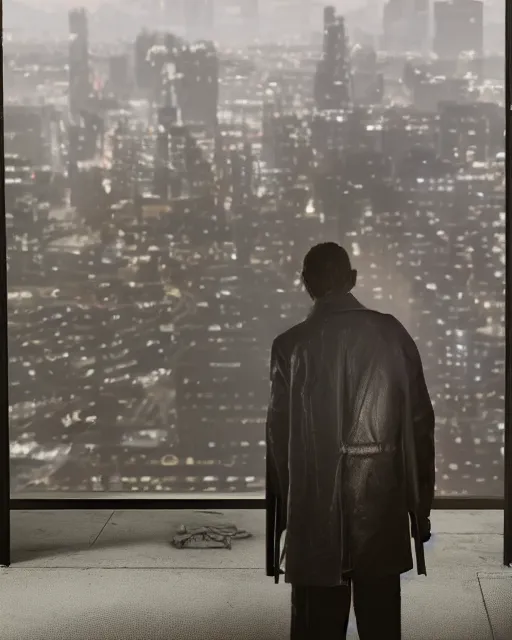 Image similar to a night rooftop scene, close up shot of a photorealistic gangster wearing a trench coat looking at the city below, unreal engine, hyper realism, realistic shading, cinematic composition, realistic render, octane render, detailed textures