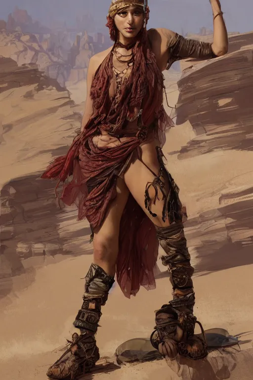 Image similar to a full body portrait of a beautiful post apocalyptic offworld desert bedouin thief savage rogue in beggars clothes in ballet pose by the emerald oasis pools, intricate, elegant, highly detailed, digital painting, artstation, concept art, smooth, sharp focus, illustration, art by krenz cushart and artem demura and alphonse mucha