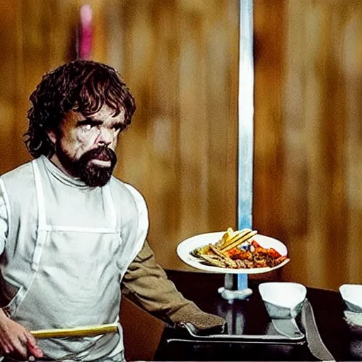 Image similar to “ film still of peter dinklage ordering food on stilts at an olive garden ”