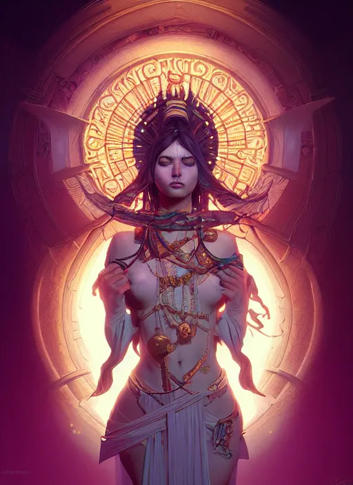 Image similar to Divine cosmic female power, glyphs, magic, artstation, high contrast, dramatic lighting, cgsociety, very detailed, intricate, detailed illustration, by artgerm and greg rutkowski and alphonse mucha, octane render, unreal engine, hyperrealism