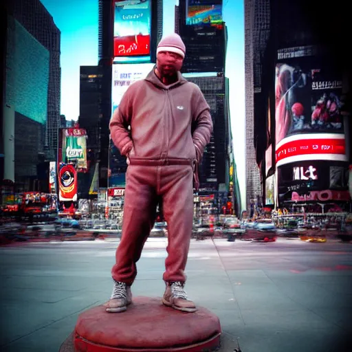 Prompt: limp bizkit fred durst statue in the middle of nyc time square, realistic, real photograph, real event, hddr,