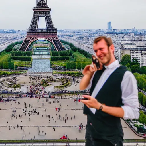 Image similar to wolfgang mozart taking a selfie in front on the eiffel tower, photo, high quality, intricate detail