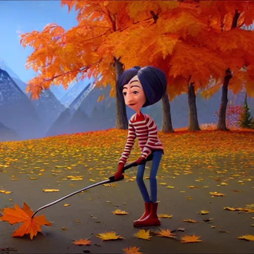 Image similar to a stopmotion animation character, a beautiful canadian woman, gardening, very attractive, some dark grey hair, stripey jumper, denim jeans, doc marten boots, canadian maple leaves, mountains, autumn, unreal engine 5, 8 k, kubo and the two strings, jan svankmayer, disney, pixar,